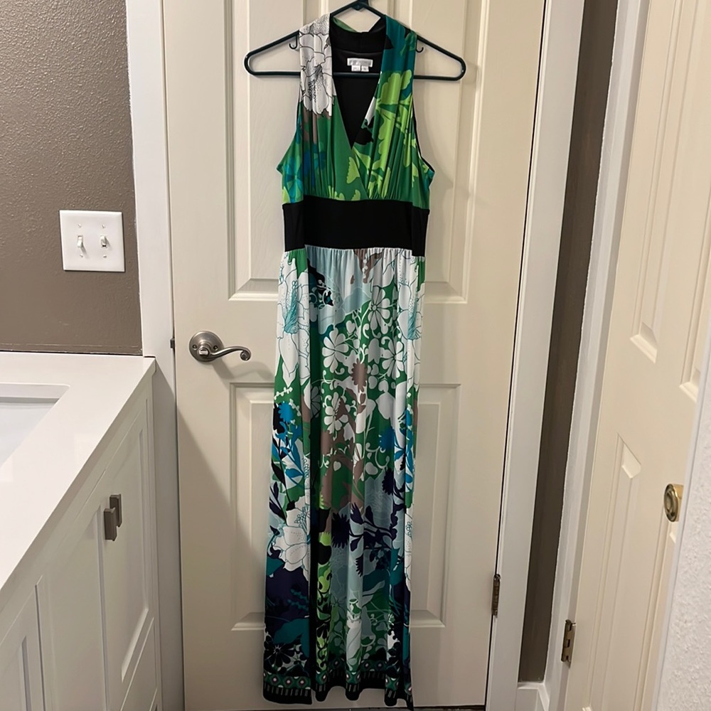 London Times floor length halter top dress